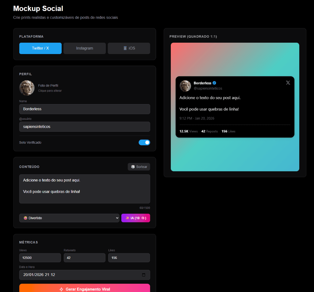 Interface completa do Mockup Social